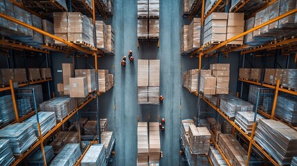 Top view of workers modern warehouse storage of retail shop large factory workshop space Employees in modern industrial factory with warehouse : Generative AI