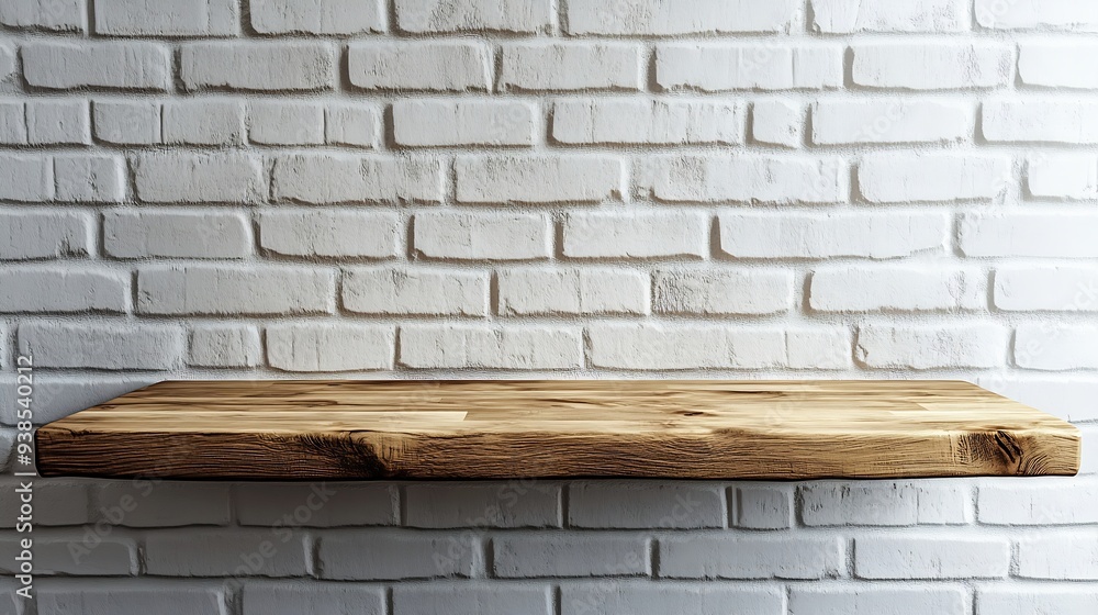 Aufkleber empty space wooden top surface on white brick wall background with natural lighting mockup scene dis