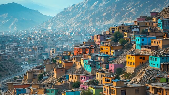 A highaltitude capital city Kabul in Afghanistan is cocooned by steep hills With limited space in the city centre houses cascade up the rocky slopes : Generative AI