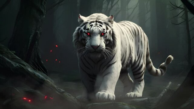 A white tiger demon monster in the middle of a scary haunted fairy tale forest. Seamless 4K looping timelapse video animation background
