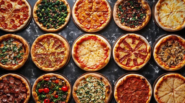 Delicious fresh pizzas variety with different souces and vegetables Homemade food concept Top view : Generative AI