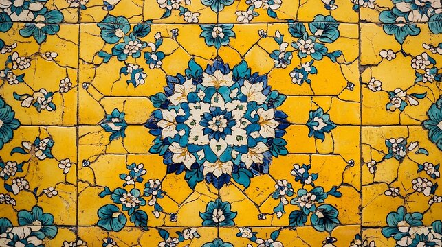 Yellow ceramic tile decorations in floral patterns with Islamic Iranian art : Generative AI