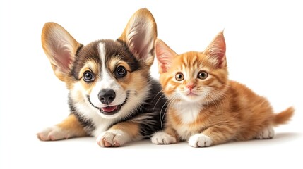 Obraz premium Cute Welsh corgi puppy and a red kitten sit together on a white background isolated on a white background : Generative AI