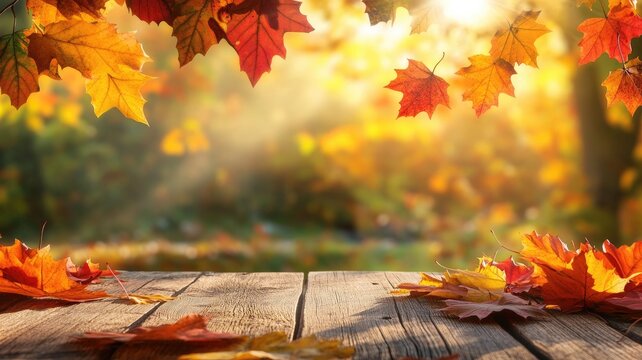 Autumn leaves on wooden deck with sunlight filtering through