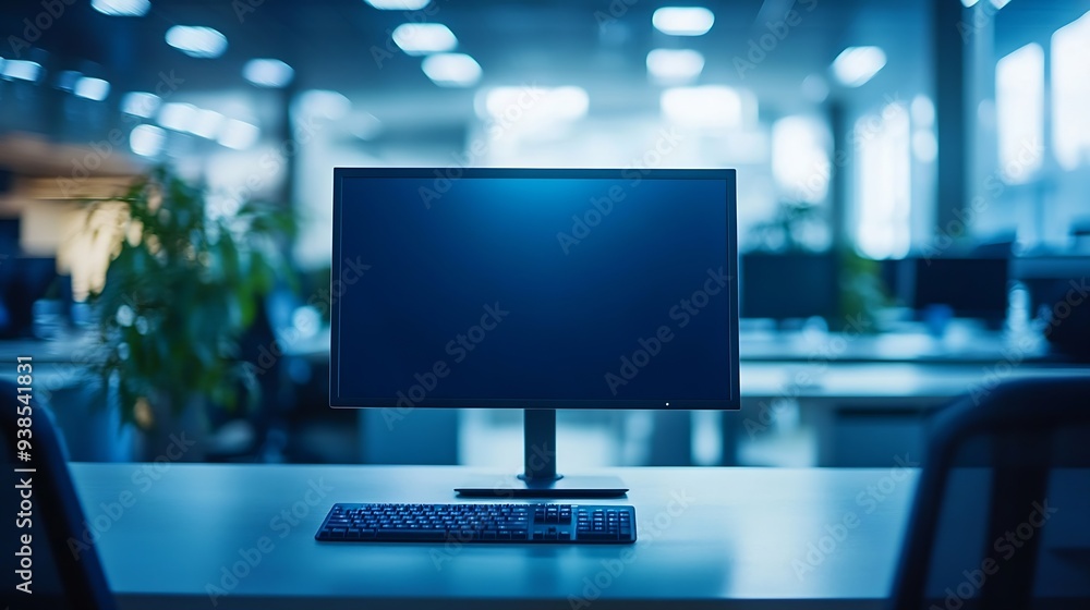 Poster empty office computer and business interior on desk company furniture and workspace vacant workplace