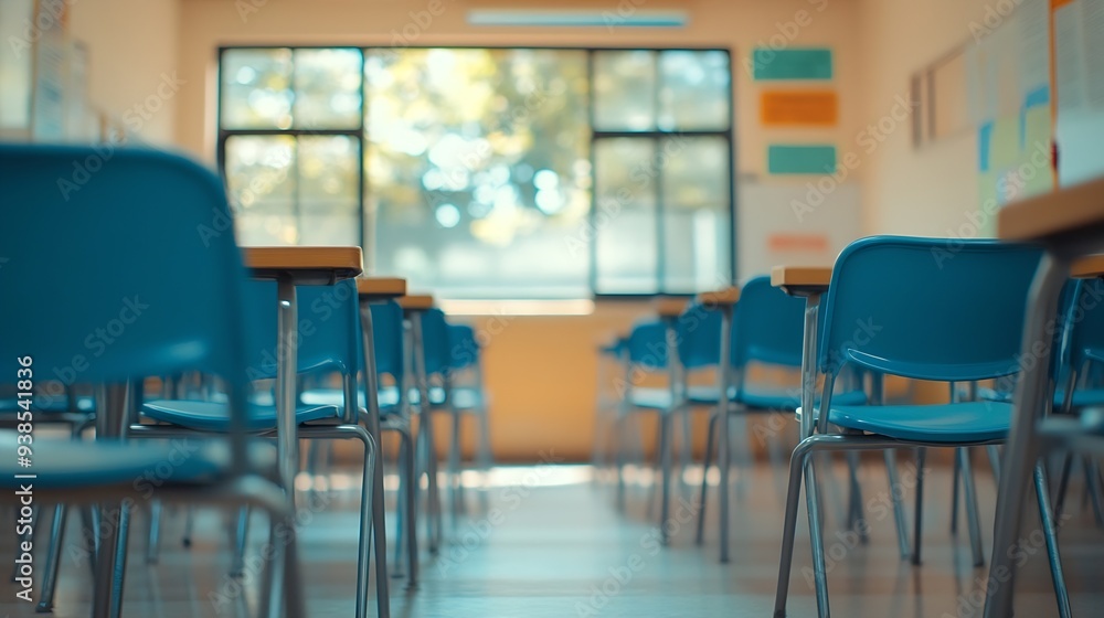 Fototapete school classroom in selective focus background without young student blurry view of elementary class