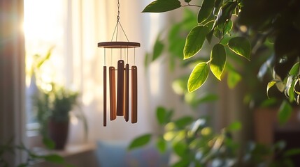 Wind chime hanging in light living room closeup : Generative AI
