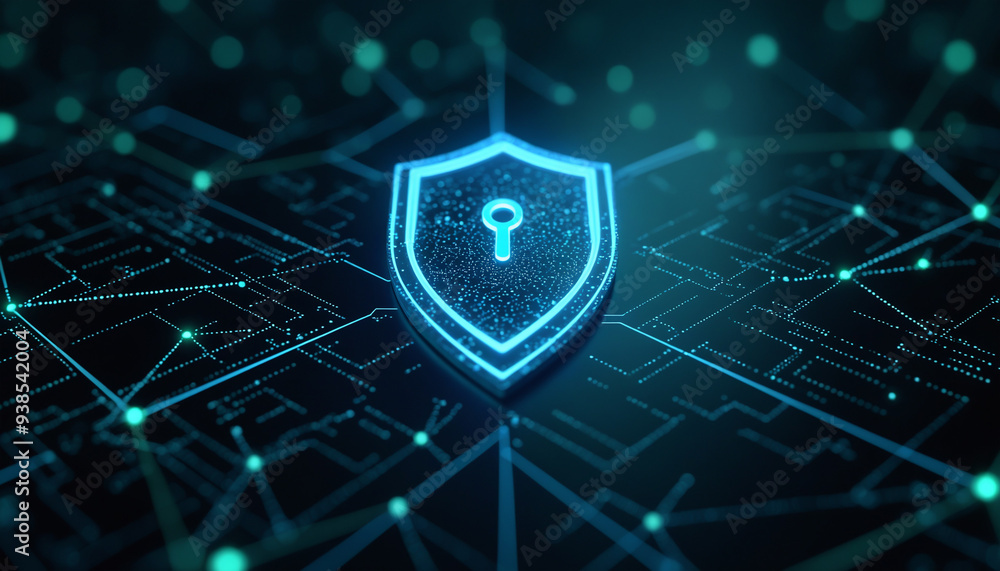 Poster shield icon with network security: a shield icon within a digital network, representing cybersecurit