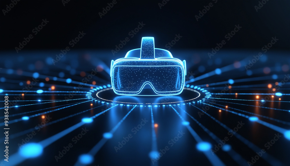 Poster vr headset icon with network connectivity: a vr headset icon connected within a digital network, sym