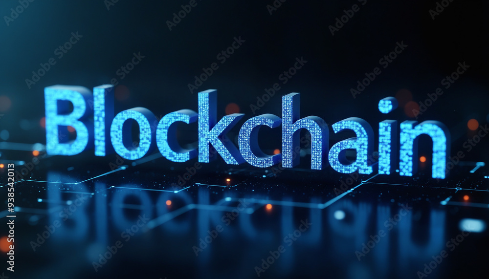 Poster blockchain text in digital network: the word blockchain displayed in a connected digital network, il