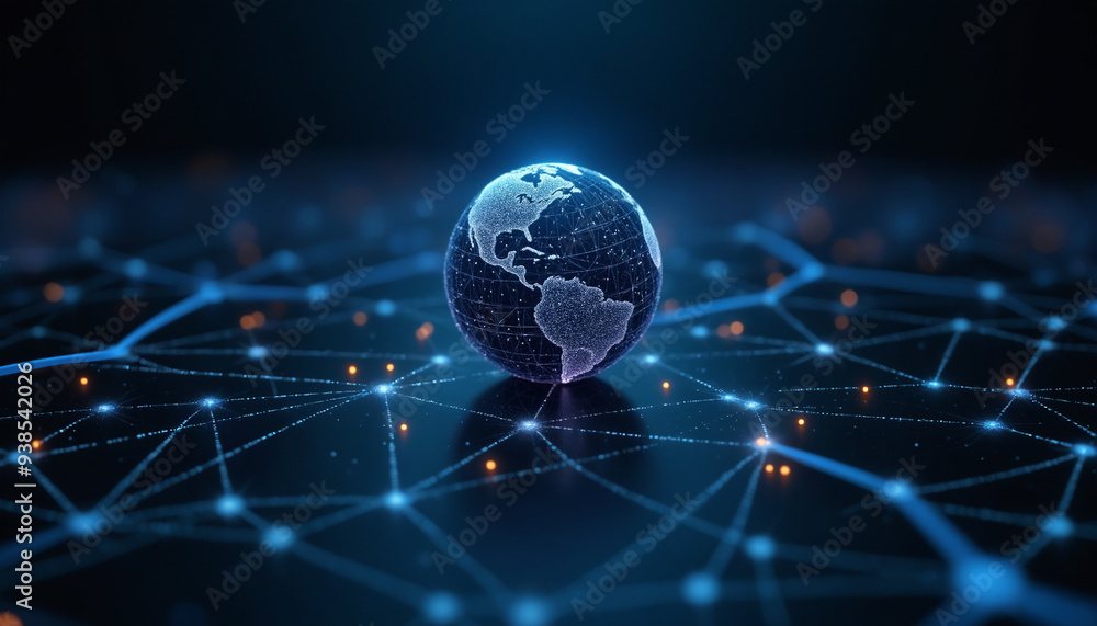 Poster globe icon with network connectivity: a globe icon within a digital network, symbolizing global comm