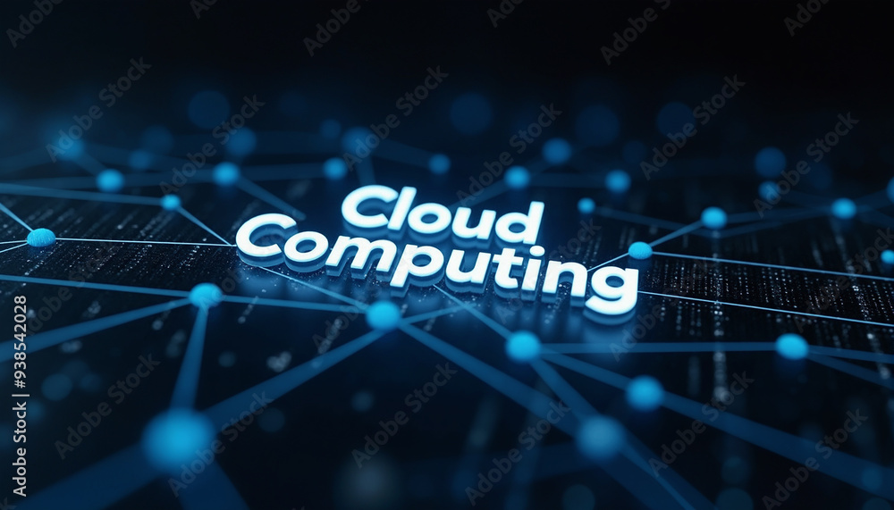 Poster cloud computing text in digital network: the term cloud computing showcased in a connected digital n