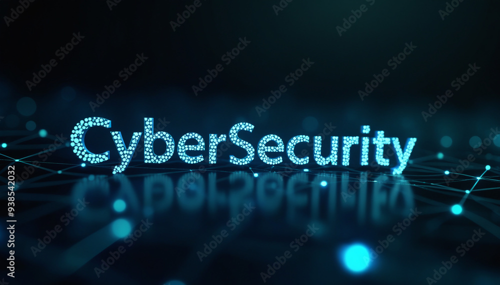 Poster cybersecurity word with digital network: the word cybersecurity integrated within a digital network,