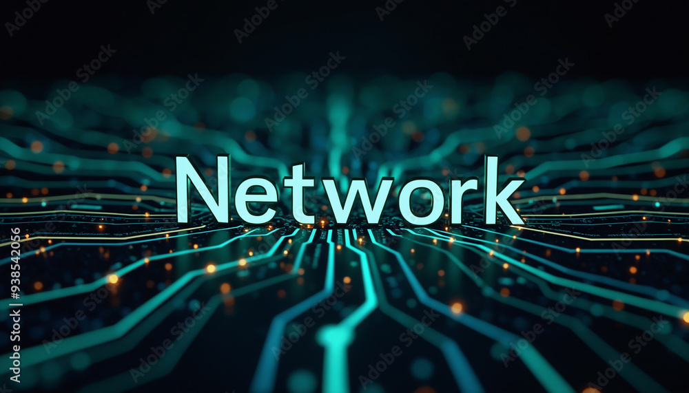 Poster network text in expansive digital grid: the word network displayed within an expansive digital grid,