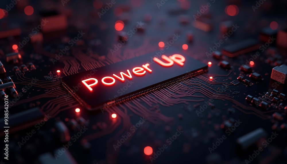 Poster a close-up of a circuit board with power up, like a switch to ignite innovation and drive technologi