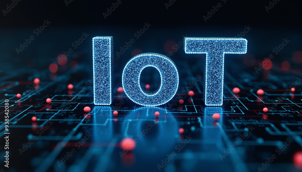 Poster iot text in digital network: the acronym iot displayed within a connected network, representing inte