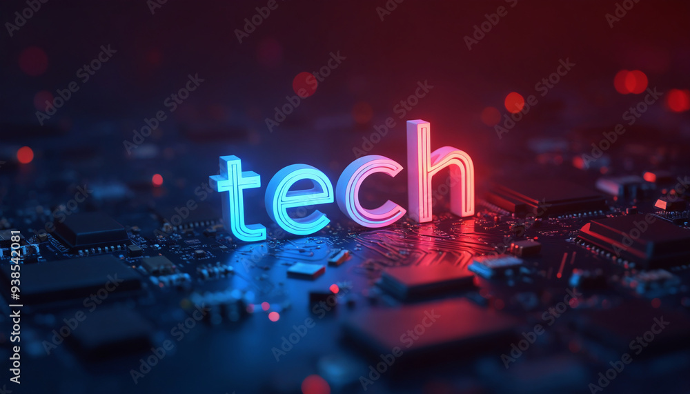 Poster a close-up of a circuit board with tech in glowing 3d letters, like a futuristic signpost in a high-