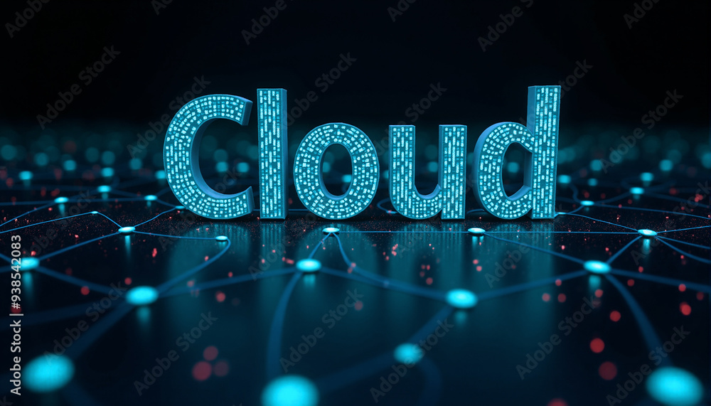 Poster cloud text in expansive digital network: the word cloud showcased within an expansive digital networ