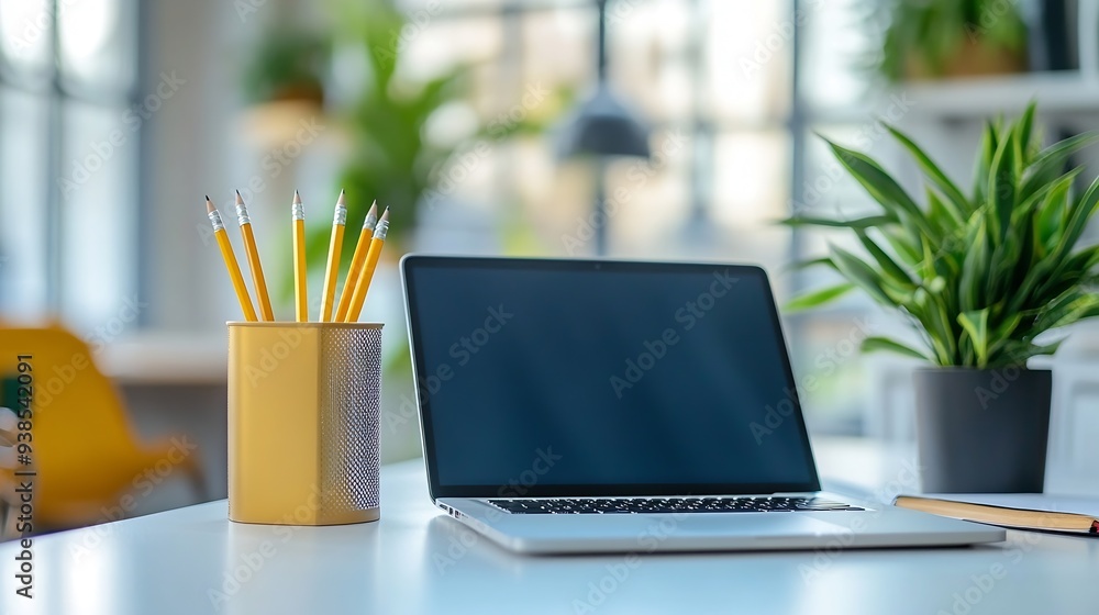 Leinwandbilder modern workplace with laptop computer pencil holder and notebook on white table : generative ai