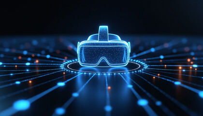 VR Headset Icon with Network Connectivity: A VR headset icon connected within a digital network, symbolizing immersive experiences and virtual reality technology.
