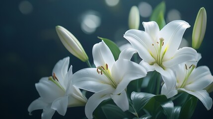 Flowers heads of white lilies Floral mock up Mourning or funeral background : Generative AI