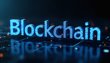 Blockchain Text in Digital Network: The word Blockchain displayed in a connected digital network, illustrating decentralized finance and secure data management.