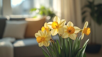 Daffodil flowers in interior of living room : Generative AI