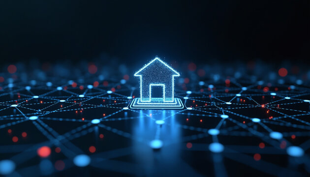 House Icon with Network Connectivity: A house icon connected to a digital network, representing smart home technology, IoT, and modern living automation systems.