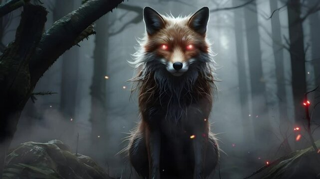 A fox monster in the middle of a haunted fairy tale forest with a scary gaze. Seamless 4K looping timelapse video animation background