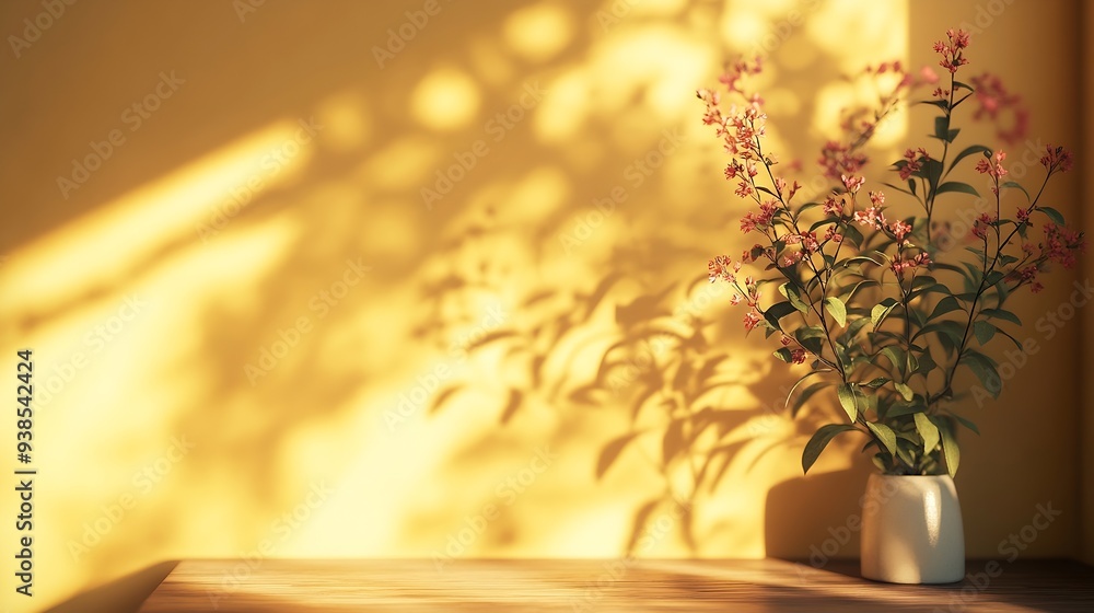 Poster warmtoned floral shadows on the walls in the house for a minimalist style background : generative ai