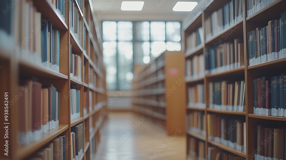Aufkleber abstract blurred empty college library interior space blurry classroom with bookshelves by defocused