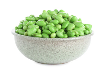 Raw green edamame soybeans in bowl isolated on white