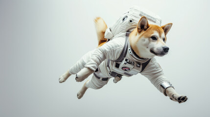 Shiba Inu Floating in Space Suit on a light backgroud