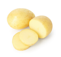 Fresh whole and cut potatoes isolated on white
