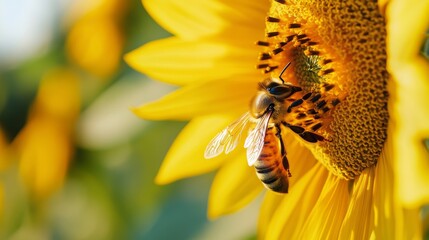 Sunflower Field with Close-Up of Honey Bee on Vibrant Sunflower