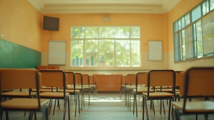 School classroom in blur background without young student Blurry view of class room no kid or teacher with chairs and tables in campus : Generative AI