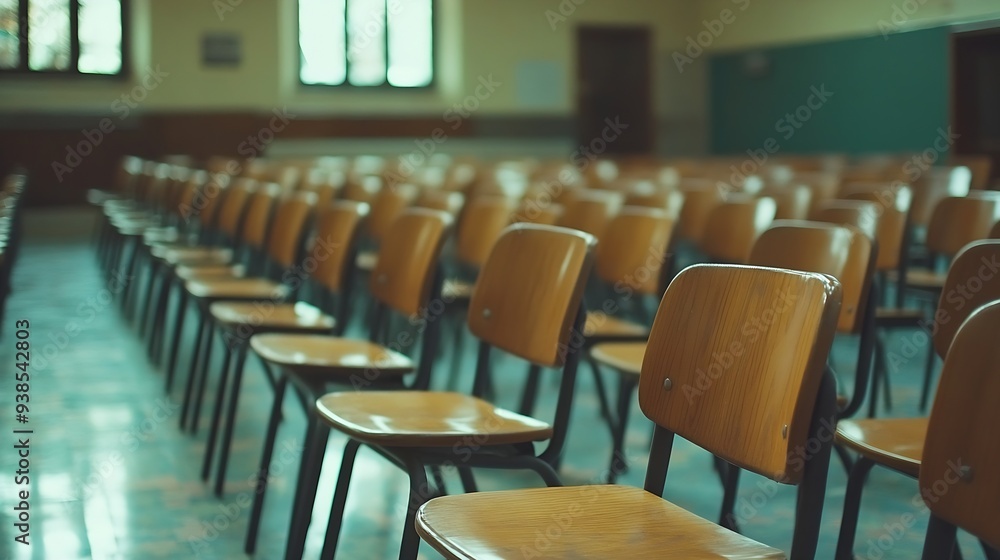Aufkleber empty classroom with a lot of chair with no student empty classroom with vintage tone wooden chairs 