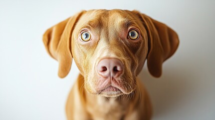 View from above of young purebred Hungarian Vizsla dog looking at camera against white studio background Fish eye effect Concept of pet lovers animal life grooming and veterinary Copy  : Generative AI