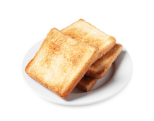 Delicious slices of toasted bread isolated on white