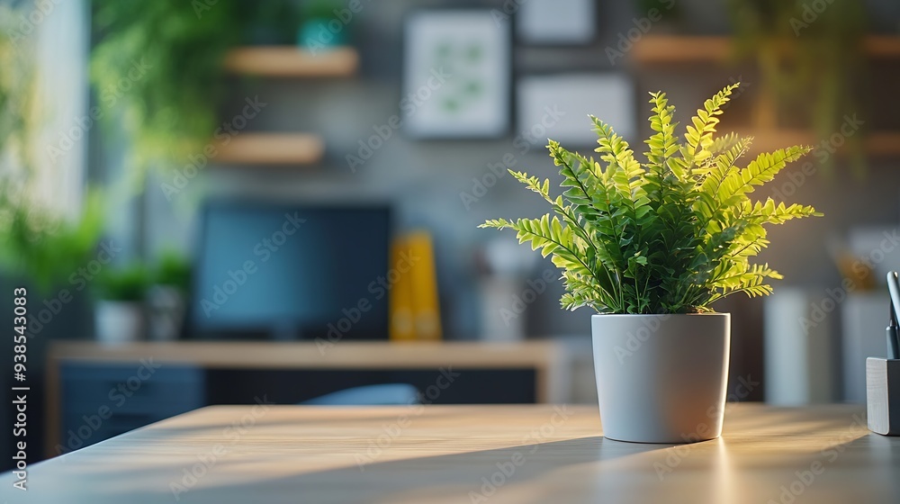 Poster empty workplace with desk and plant in office room copy space work from an atmospheric home office f