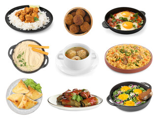 Hummus and other dishes of different national traditional cuisines on white background. Collection