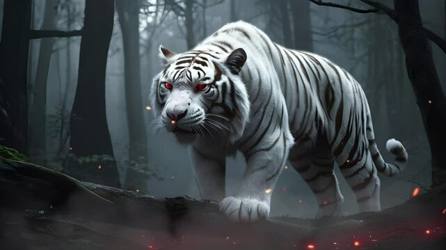 A white tiger demon monster in the middle of a scary haunted fairy tale forest. Seamless 4K looping timelapse video animation background