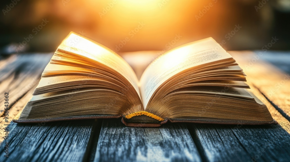 Wall mural An open book on a rustic wooden table, with soft sunlight streaming through the pages