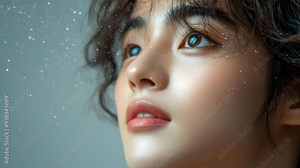 Poster Close-up portrait of a young woman with sparkling eyes and soft skin.