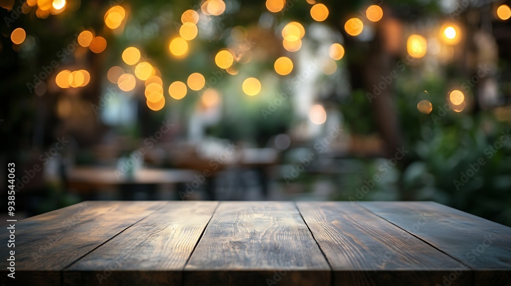 Poster empty table to showcase your product against the background of a blurred cafe golden bokeh high qual
