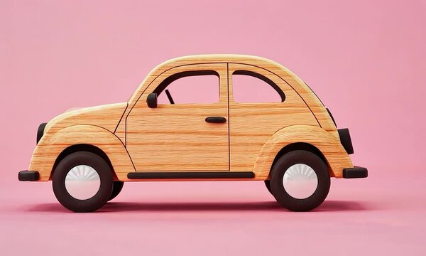 2D cartoon style wooden retro car model toy on a pink background