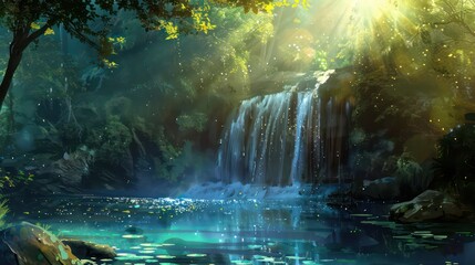 Fototapeta premium Enchanted Waterfall in a Lush Forest