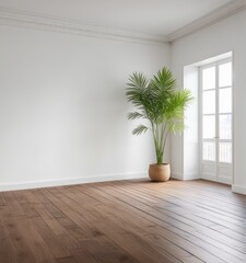 An empty white room with a wooden floor and a potted plant