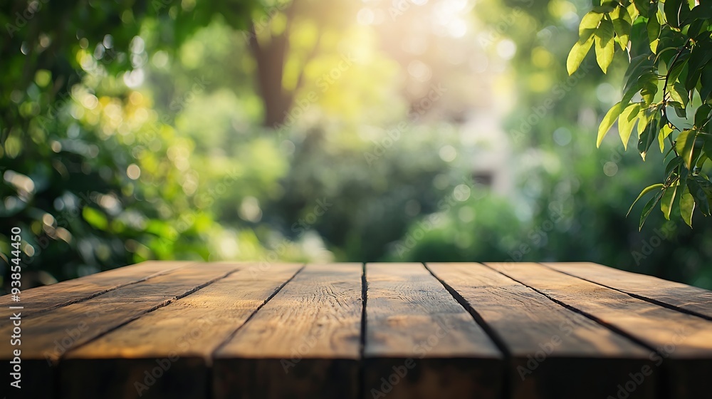 Leinwandbilder brown wood plank table top on blur and bokeh abstract green tree in the gardening for banner design 