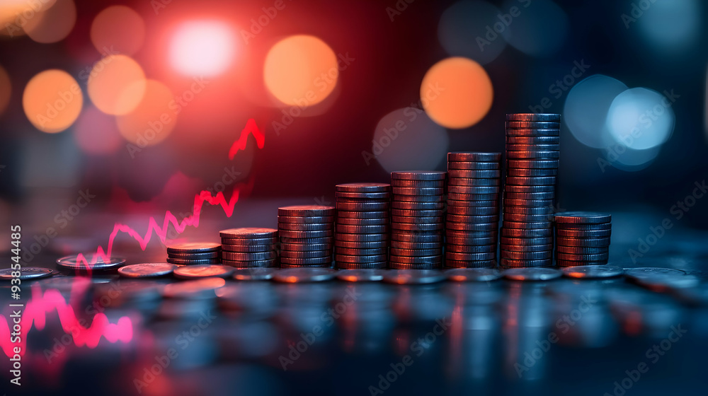 Poster coins stacked in an ascending order with an upward red line on a dark background.